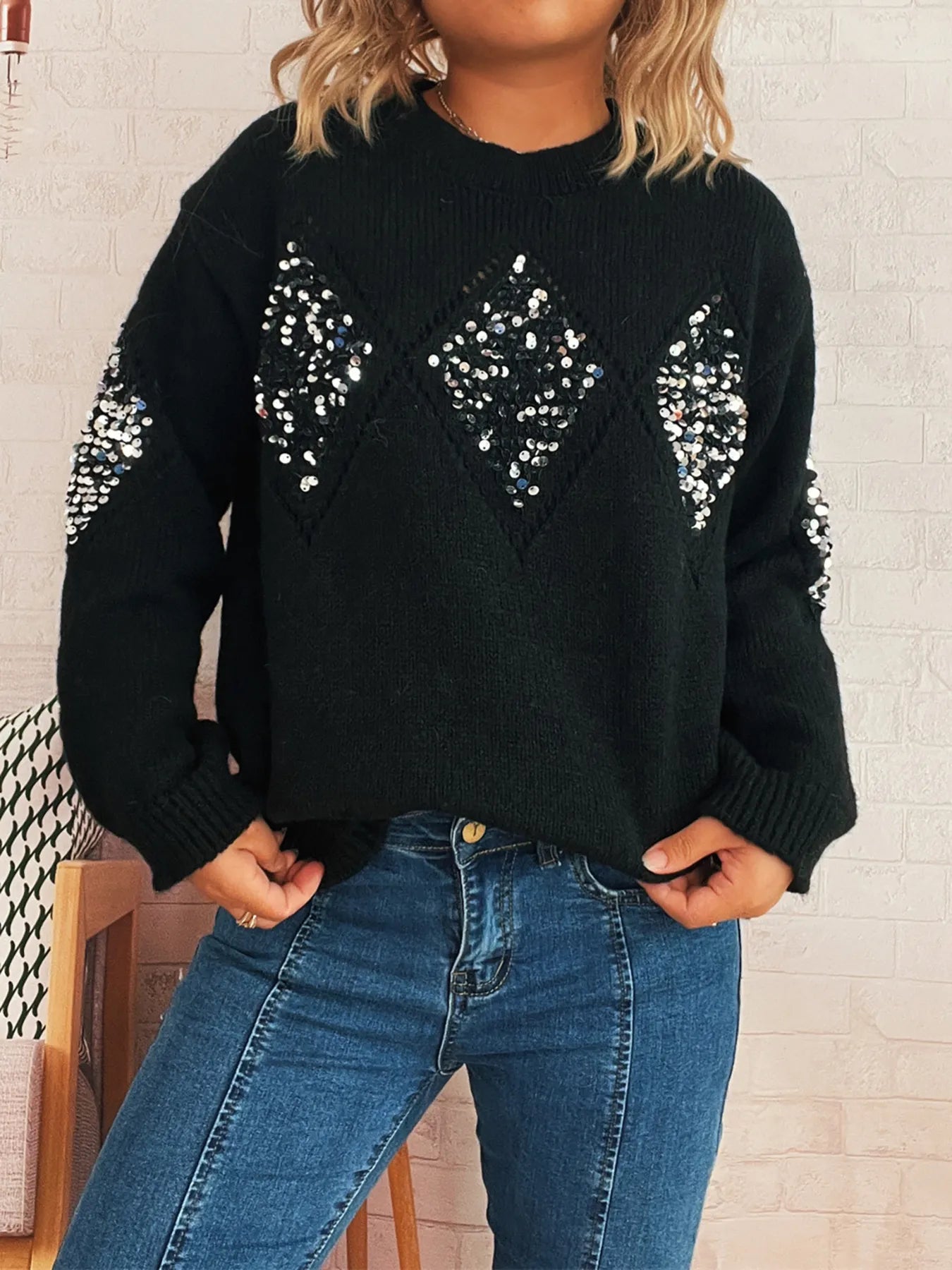 Sequined Diamond Pattern Oversized Sweater Trendsi