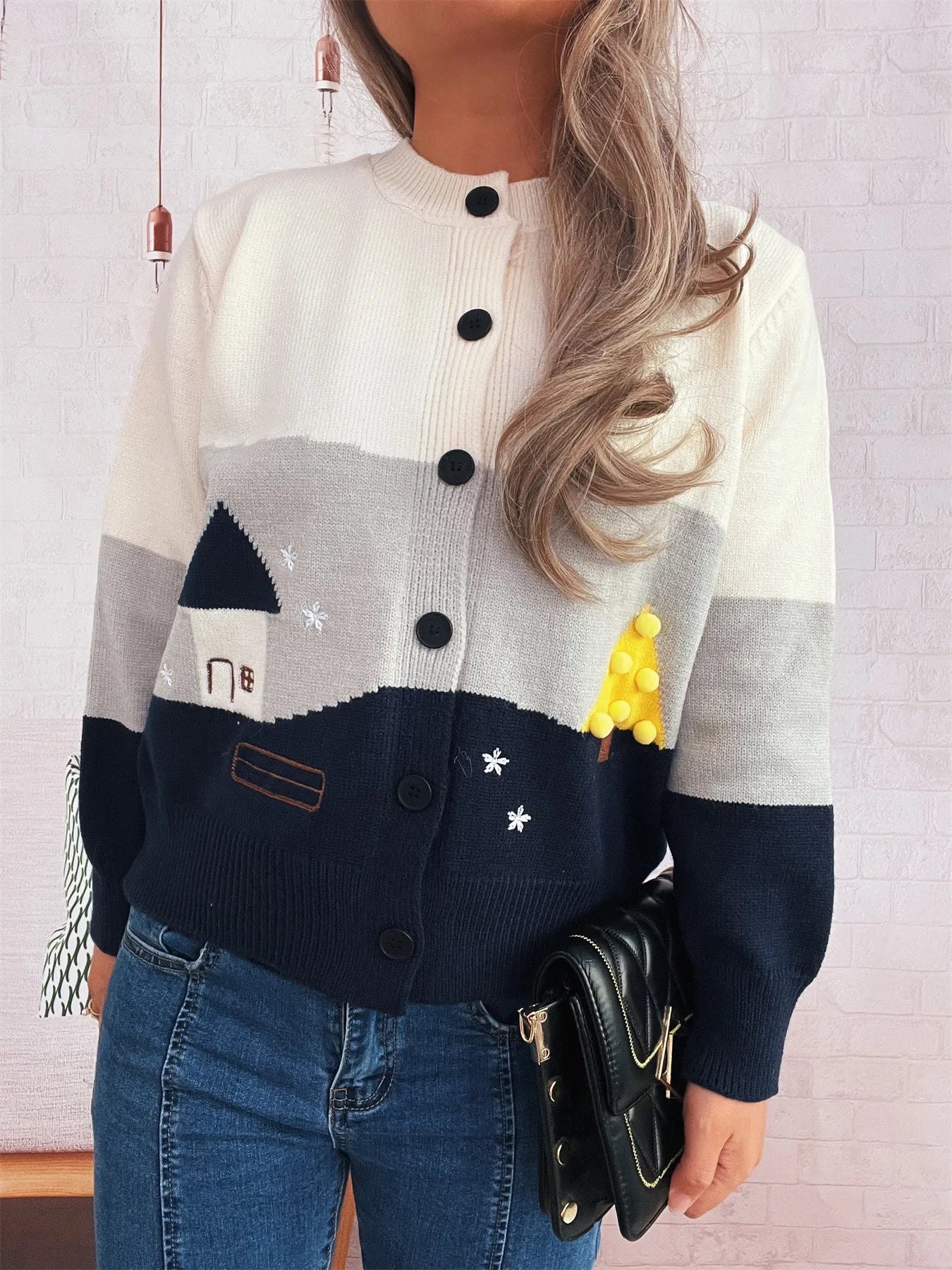 Women Color Block Button-Up Cardigan