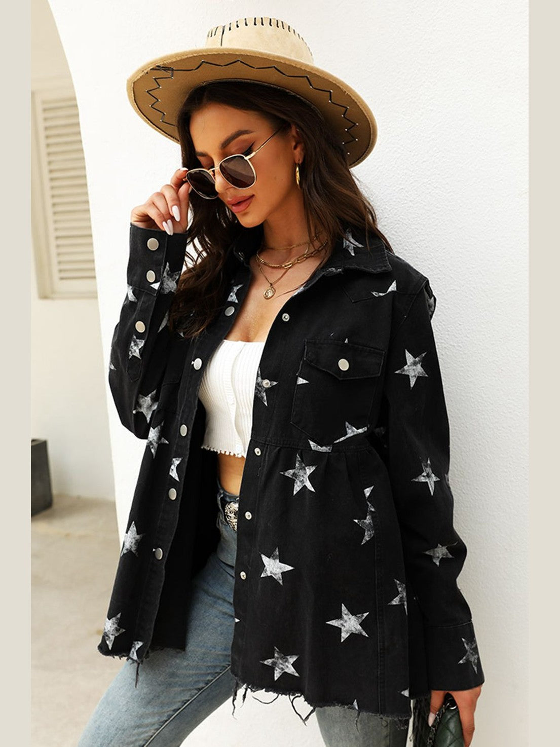 Collared Neck Star Print Long Sleeve Denim Jacket nicholesgifts