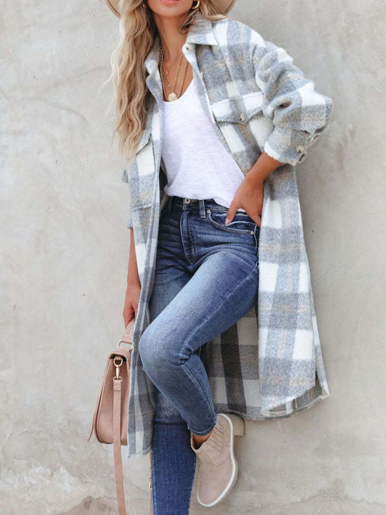 Oversized Plaid Button Up Longline Jacket Trendsi