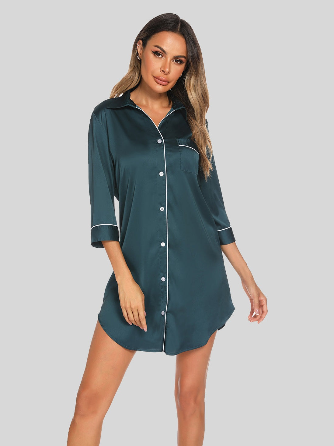 Button Up Collared Neck Night Dress with Pocket nicholesgifts