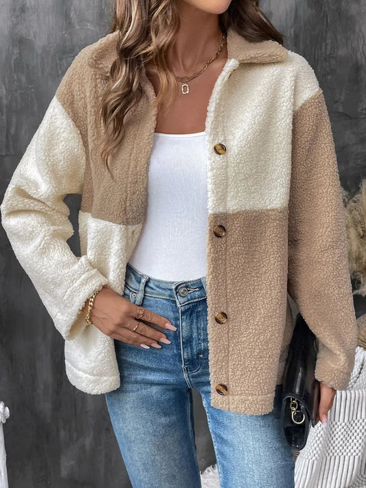 Perfee Color Block Collared Neck Long Sleeve Jacket Trendsi