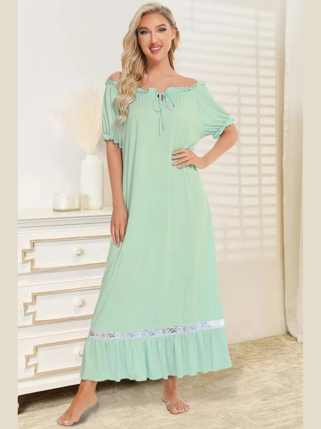 Lace Detail Short Sleeve Lounge Dress nicholesgifts