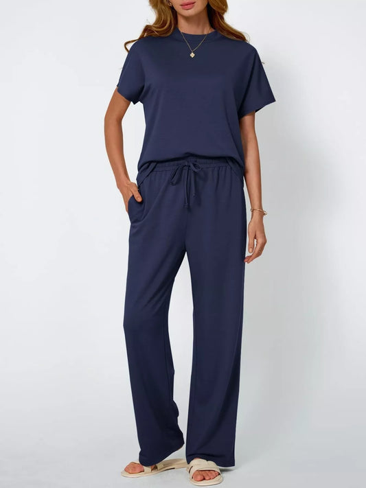 Full Size Round Neck Short Sleeve Top and Pants Set Plus Size Trendsi