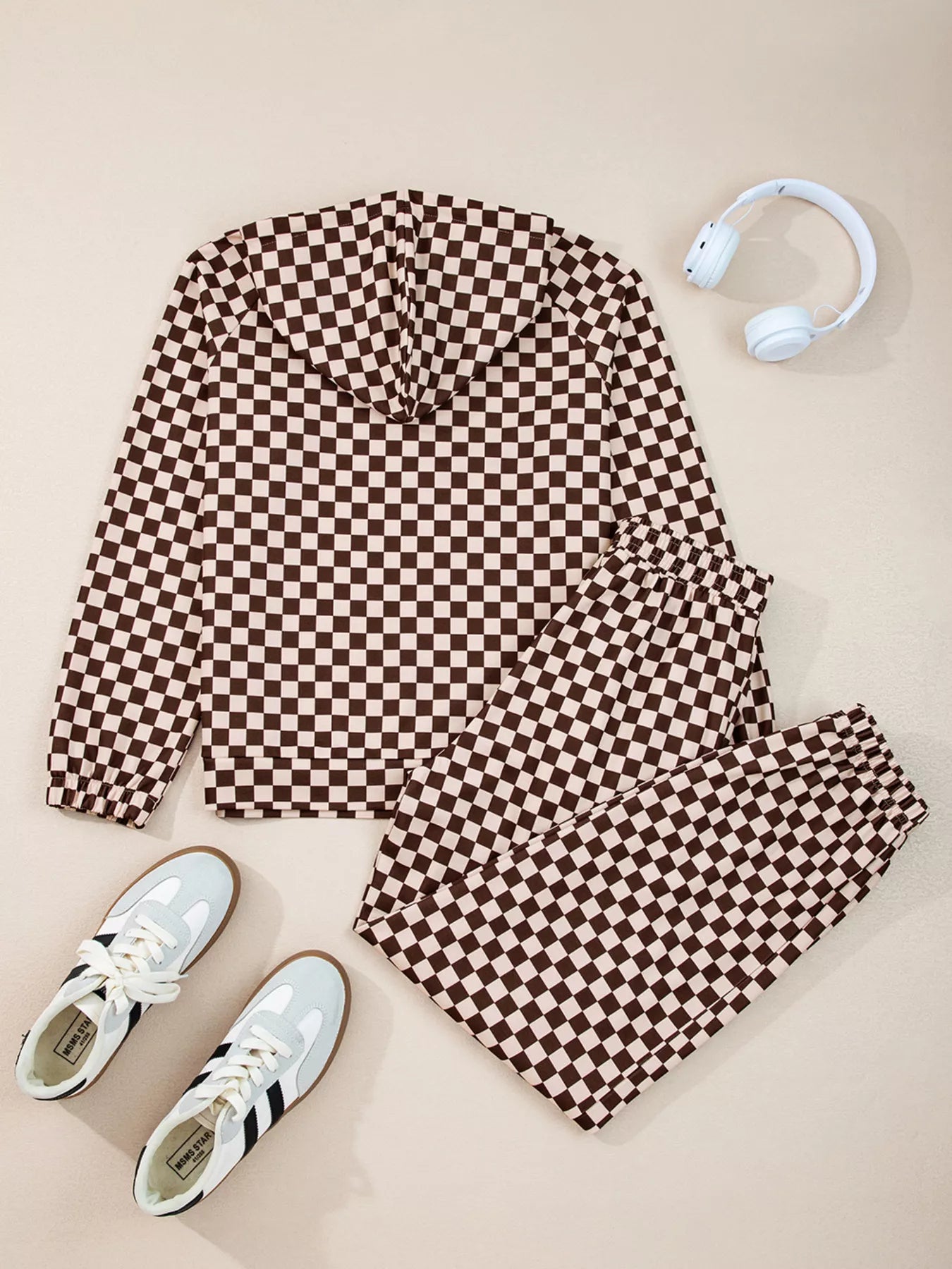 Checkered Drawstring Hoodie and Pants Set Trendsi