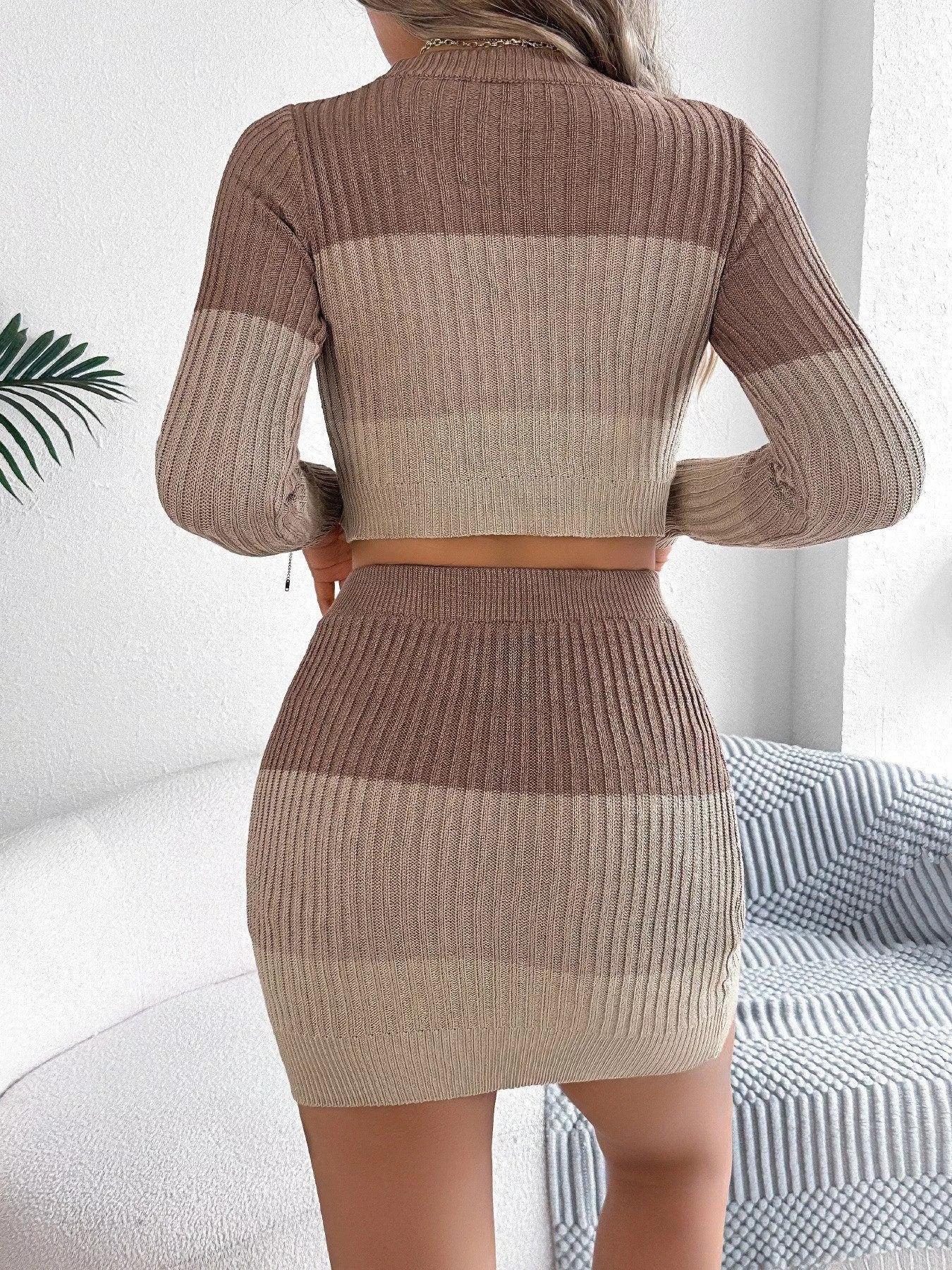 Color Block Ribbed Knit Top and Skirt Sweater Set nicholesgifts