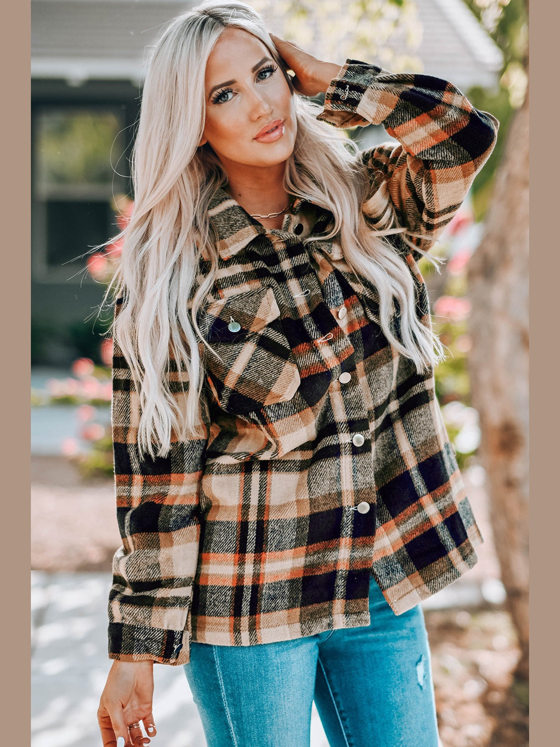 Plaid Button Front Shirt Jacket with Breast Pockets nicholesgifts