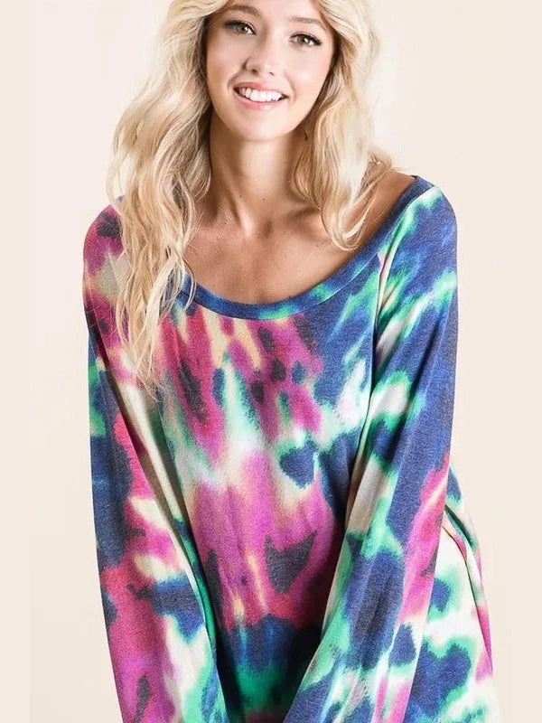 BiBi Tie Dye Print Terry Top with Puff Sleeves nicholesgifts