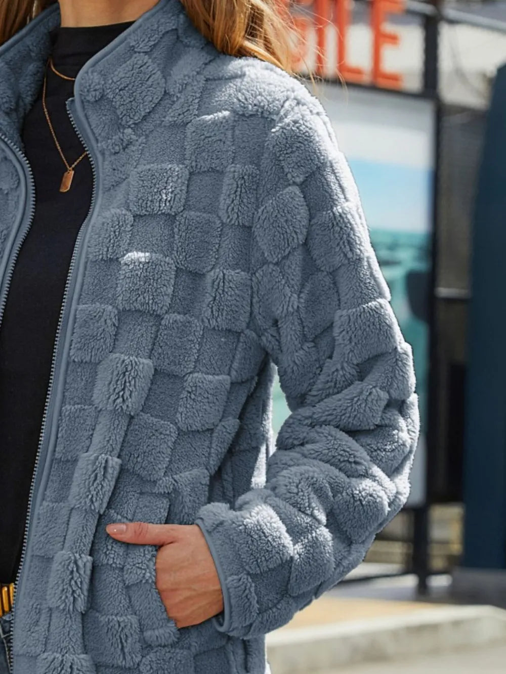Fuzzy Checkered Zip Up Jacket nicholesgifts