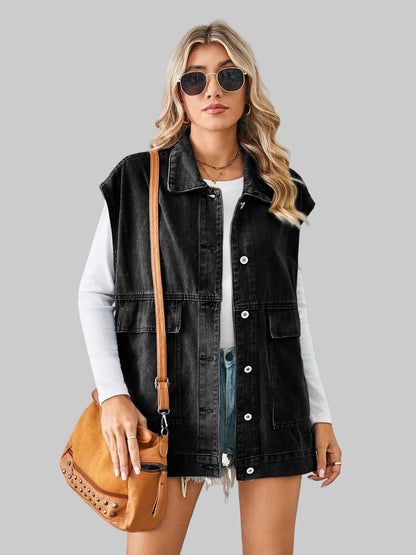 Women Pocketed Button Up Sleeveless Denim Jacket nicholesgifts
