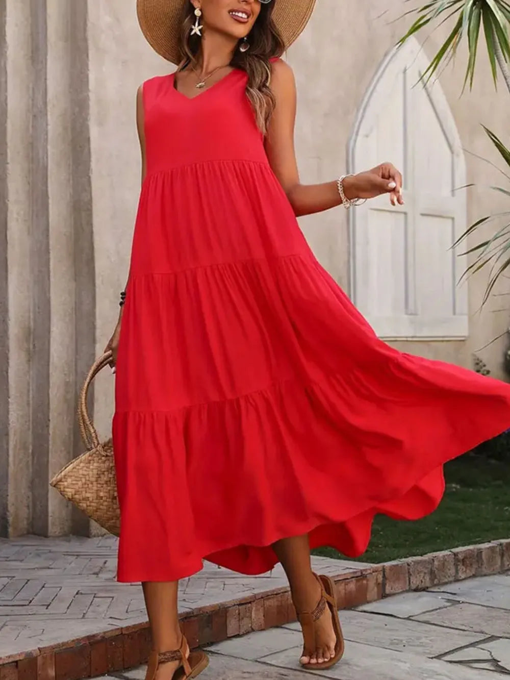 Tiered V-Neck Sleeveless Dress NicholesGifts
