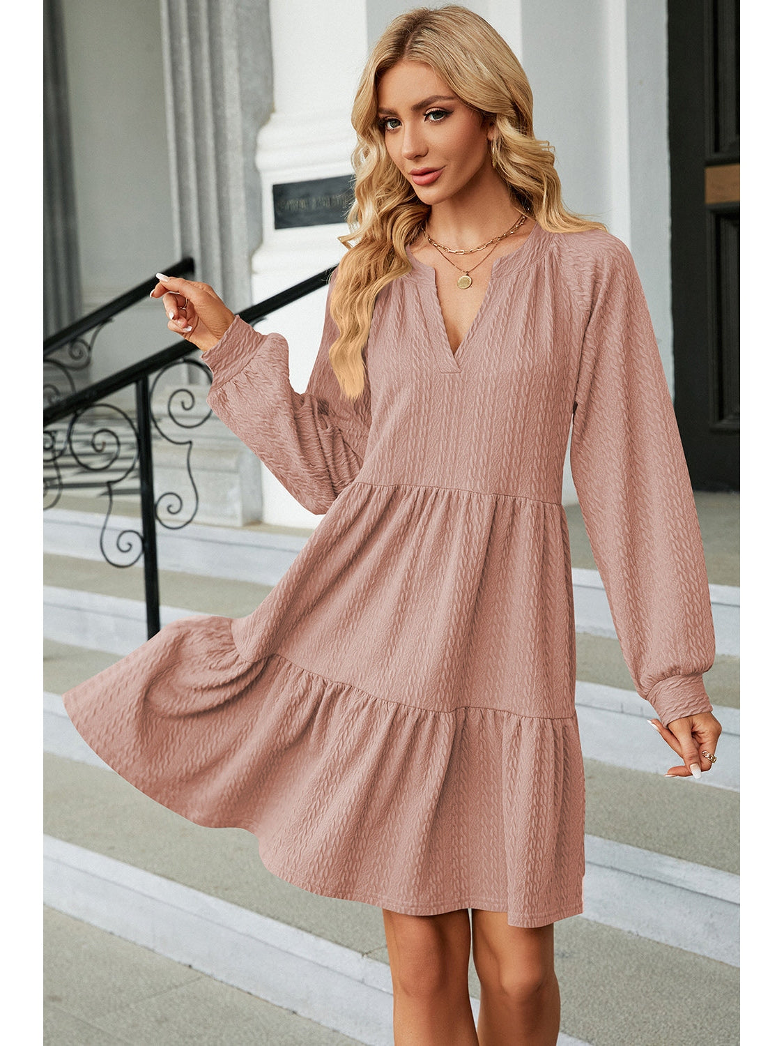 Ruched Notched Long Sleeve Mini Dress nicholesgifts