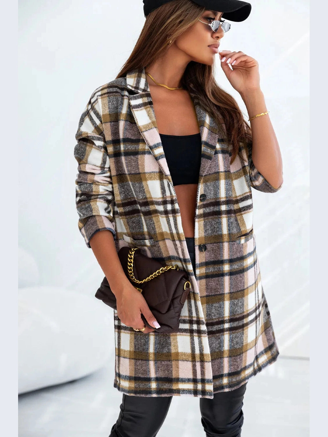 Plaid Longline Jacket with Pockets nicholesgifts