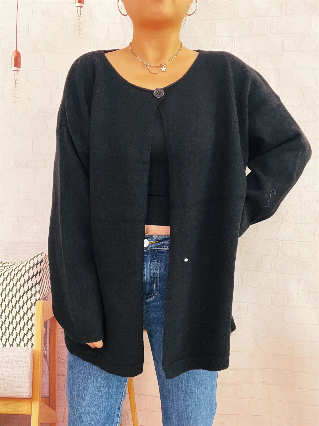 One Button Front Drop Shoulder Cardigan Trendsi