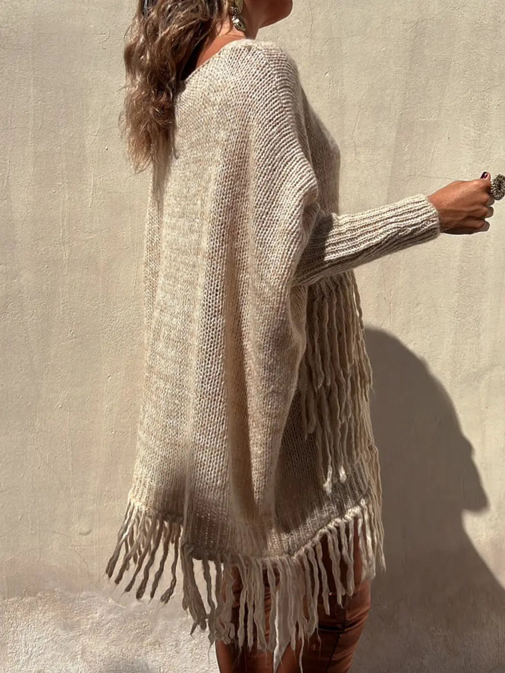 Fringe Detail Long Sleeve Sweater with Pockets Trendsi