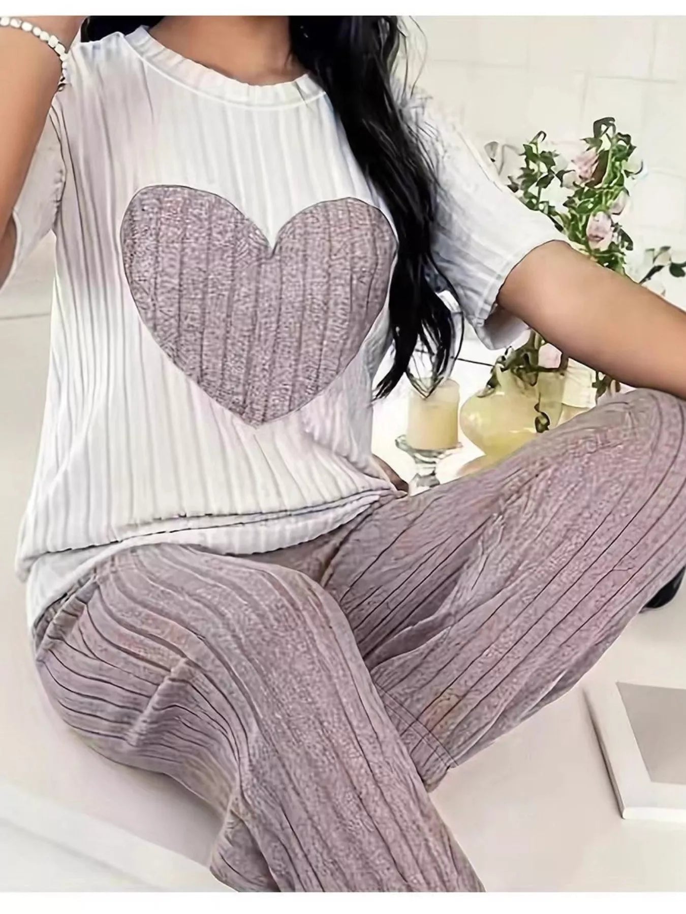 Heart Ribbed Knit Top and Pants Lounge Set nicholesgifts