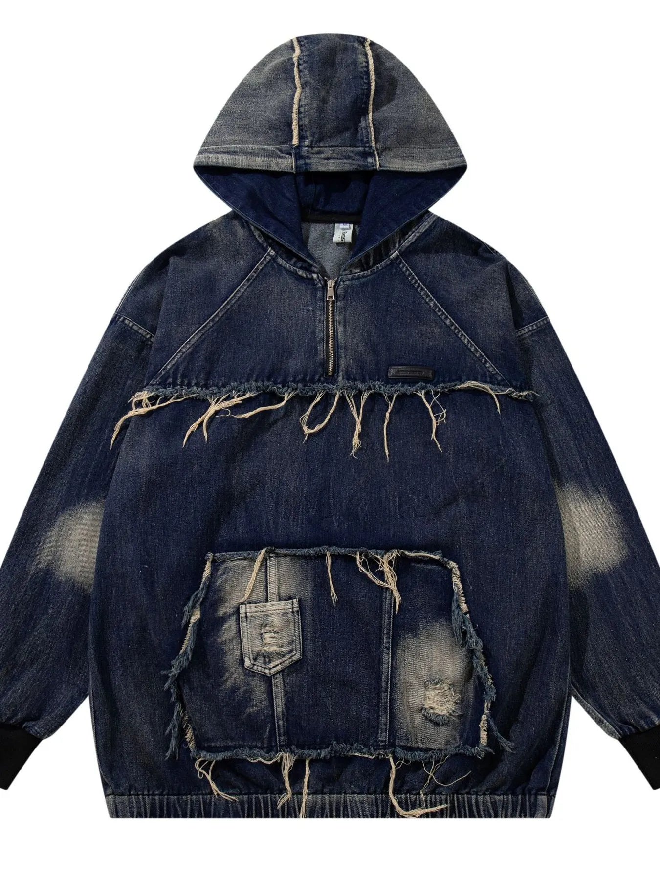 Men's Distressed Denim Patchwork Oversized Hoodie with Frayed Details NicholesGifts