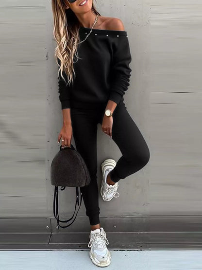 One-Shoulder Pearl Embellished Top and Pants Set nicholesgifts