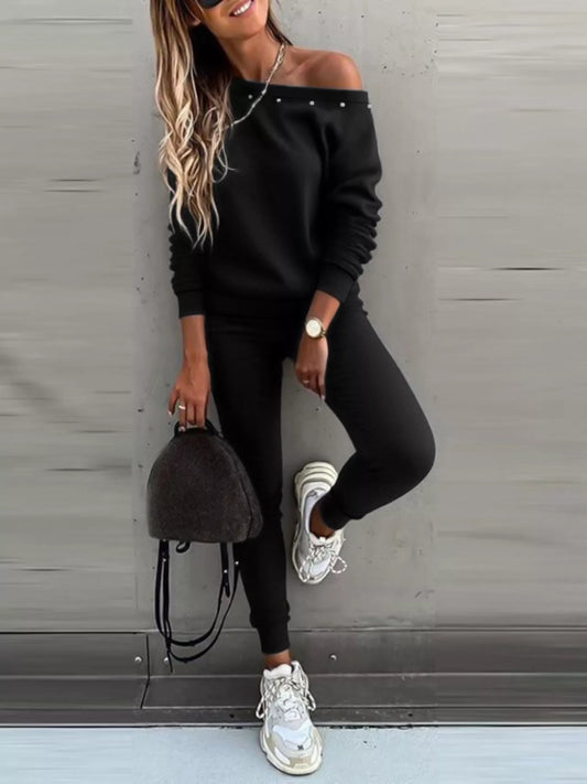 One-Shoulder Pearl Embellished Top and Pants Set nicholesgifts