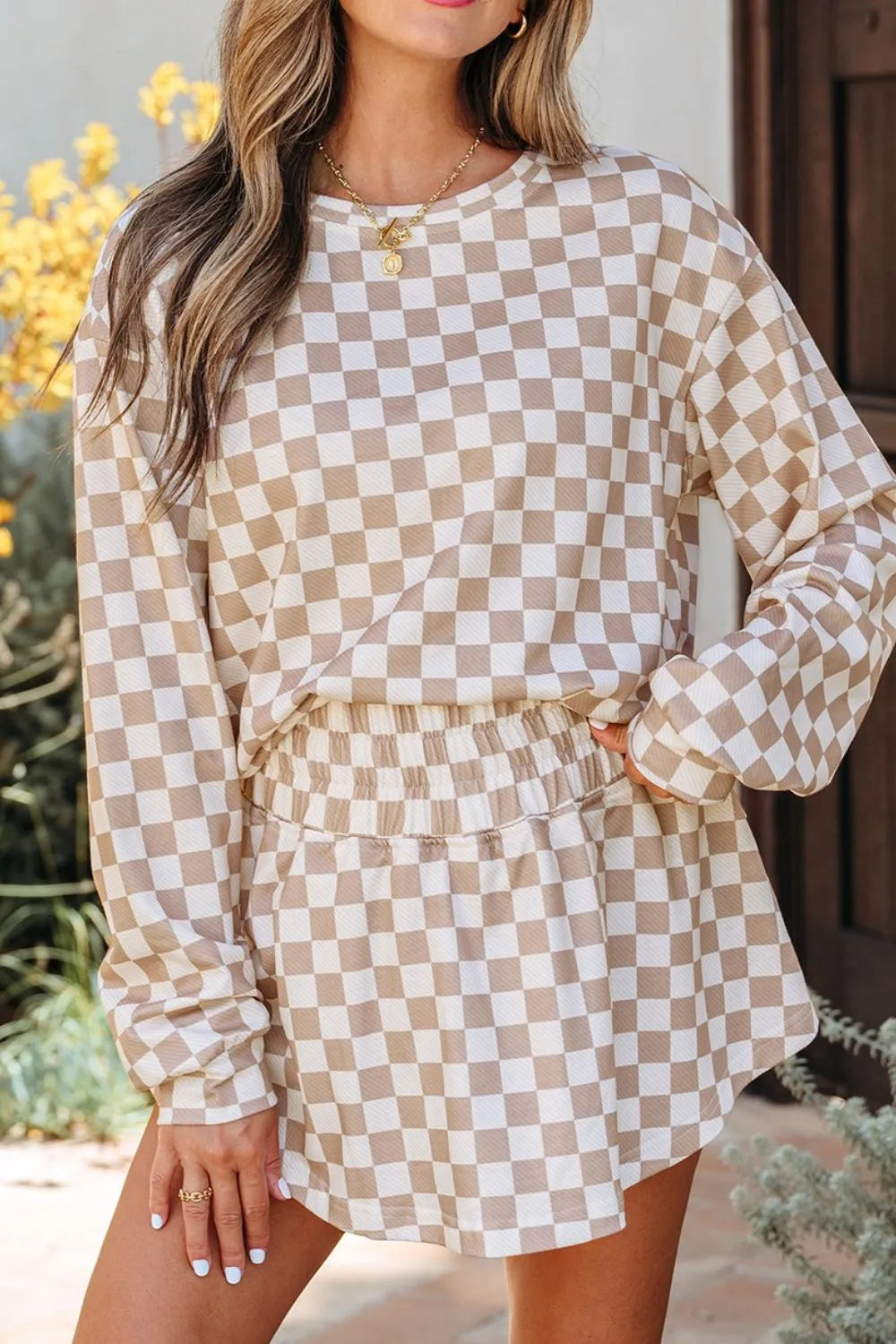 Checkered Long Sleeve Top and Skirt Two-Piece Set Trendsi