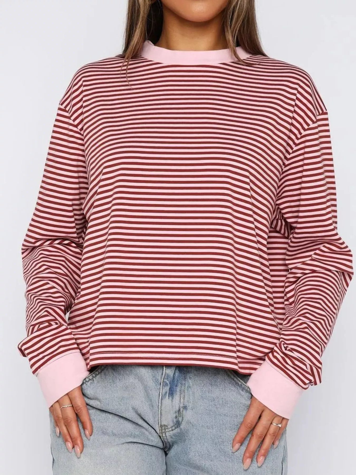 Striped Oversized Round Neck Sweatshirt nicholesgifts