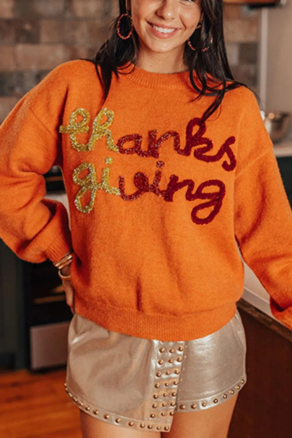 THANKSGIVING Round Neck Dropped Shoulder Sweater Trendsi