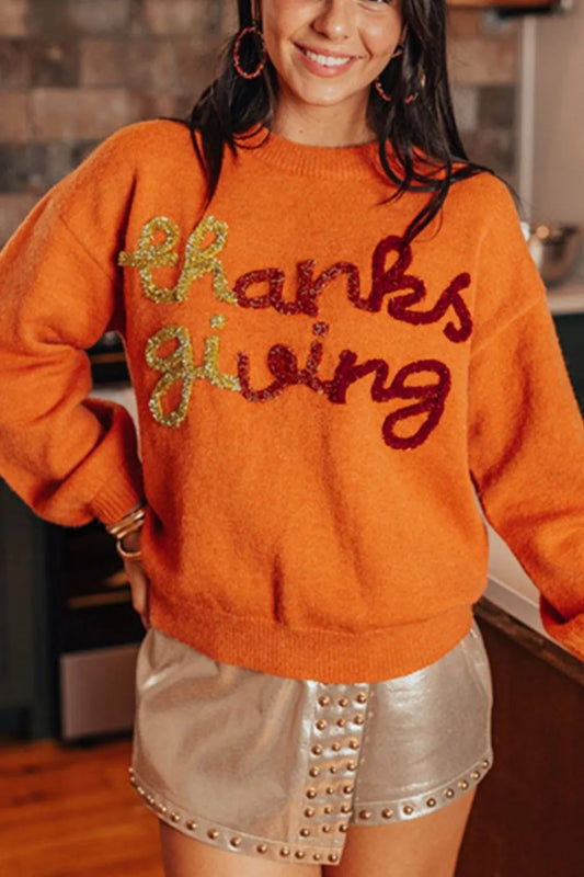 THANKSGIVING Round Neck Dropped Shoulder Sweater Trendsi