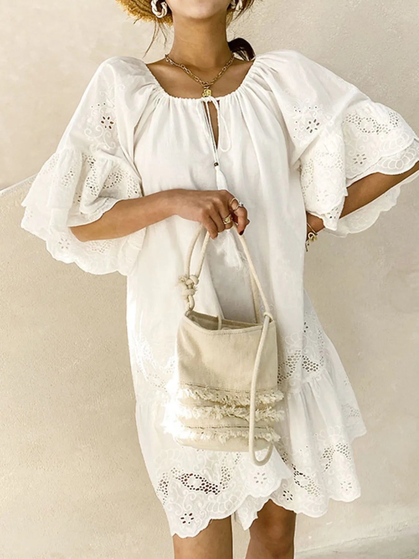 Eyelet Embroidered Tassel Tie Neck Dress Trendsi