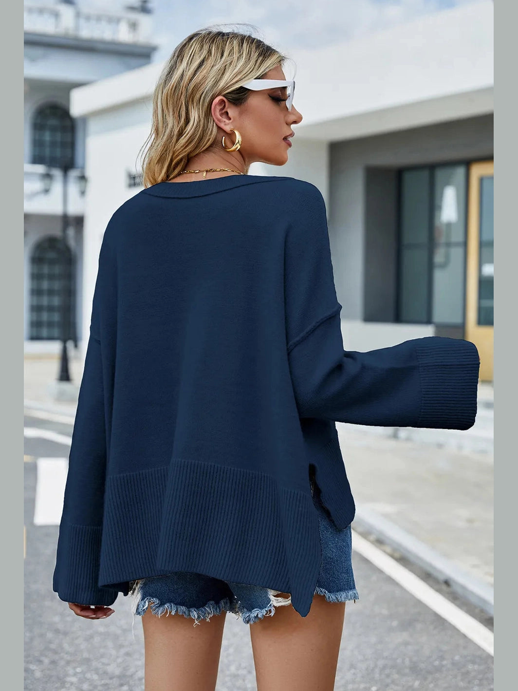 High-Low Slit Round Neck Long Sleeve Sweater nicholesgifts