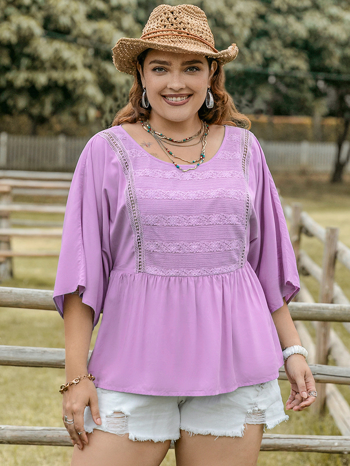 Plus Size Lace Detail Round Neck Three-Quarter Sleeve Blouse nicholesgifts