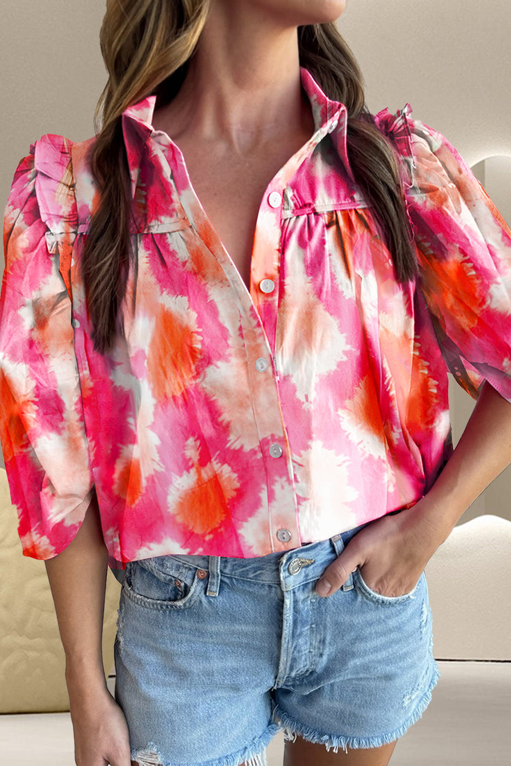 Frill Contrast Print Collared Neck Half Sleeve Shirt nicholesgifts