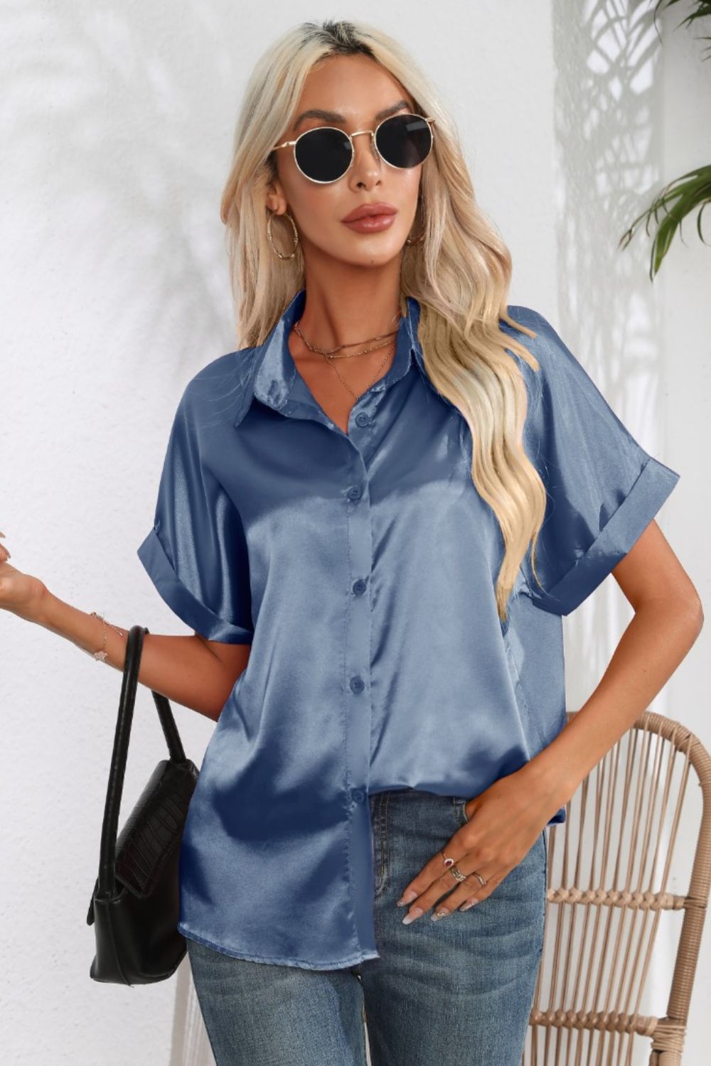 Women Collared Neck Short Sleeve Shirt nicholesgifts