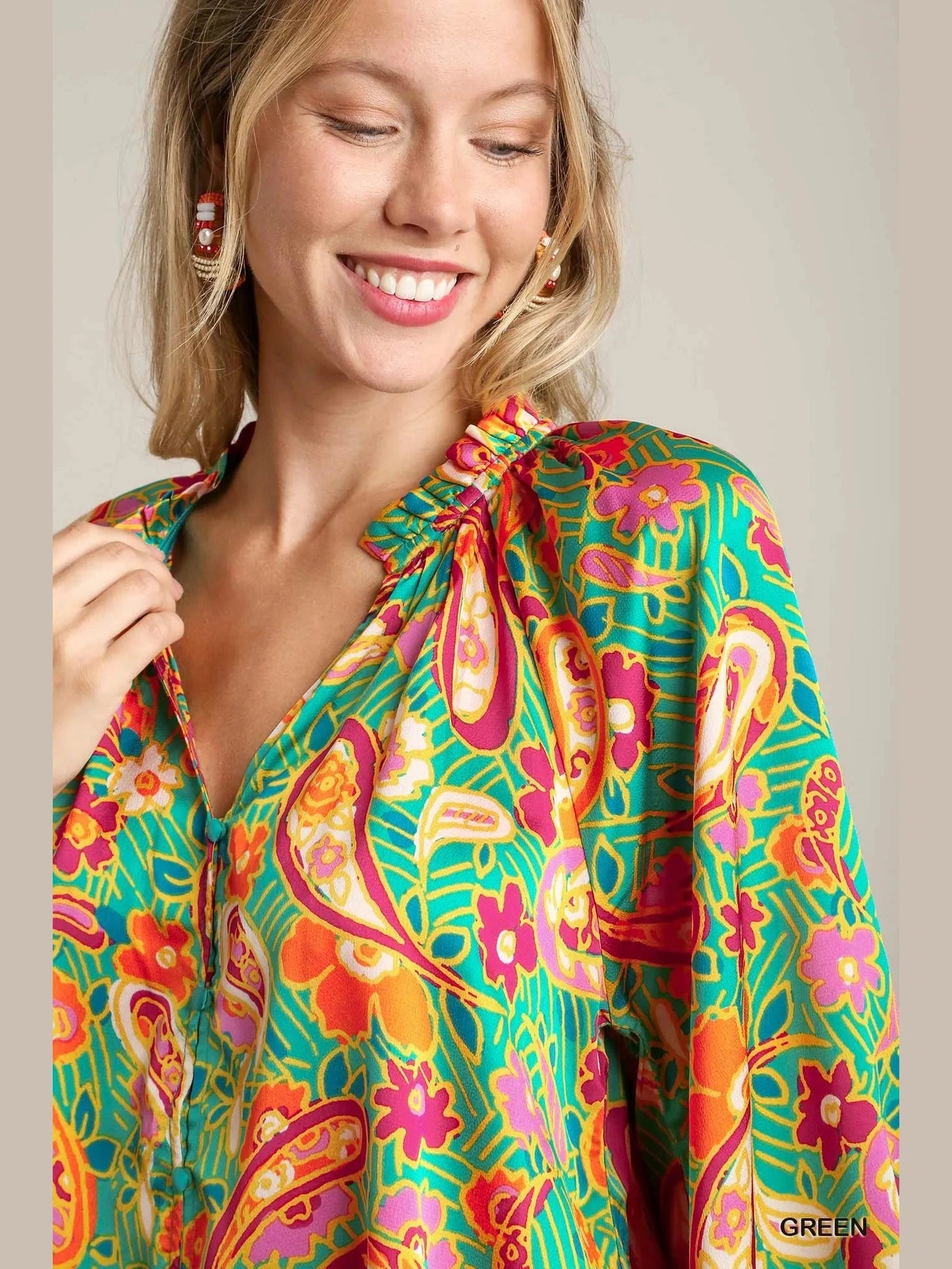 Women Umgee Satin Paisley Ruffle Neck Button-Up Long Sleeve Shirt NicholesGifts