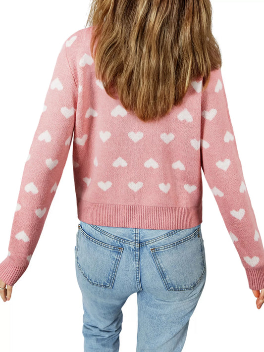 Women Heart Pattern Button Front Cardigan Valentine's Day Sweater nicholesgifts