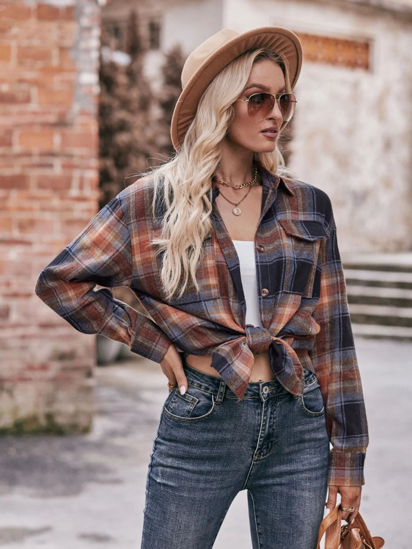 Plaid Button-Down Long Sleeve Shirt Trendsi