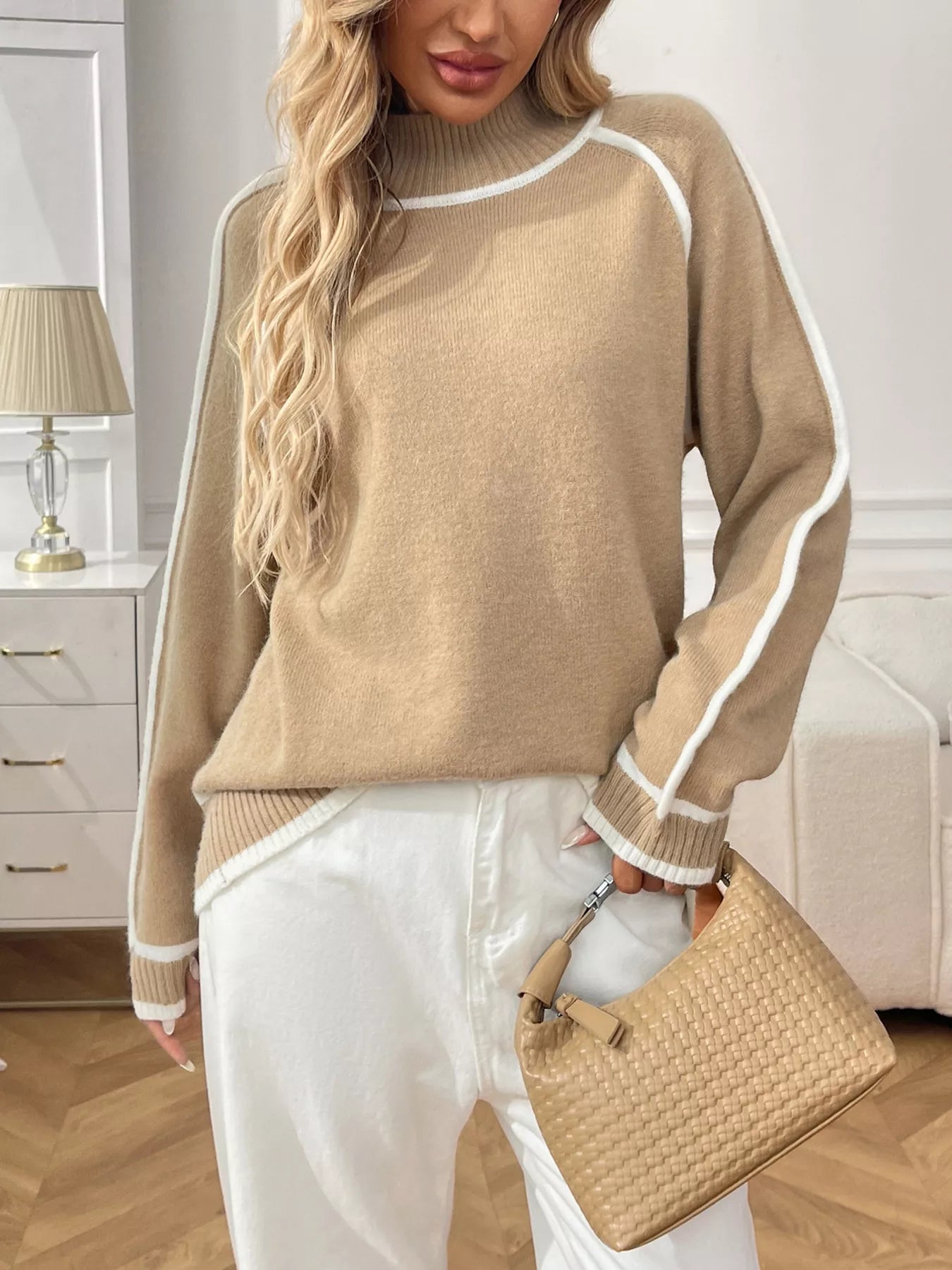 Contrast Trim Turtleneck Long Sleeve Sweater Trendsi