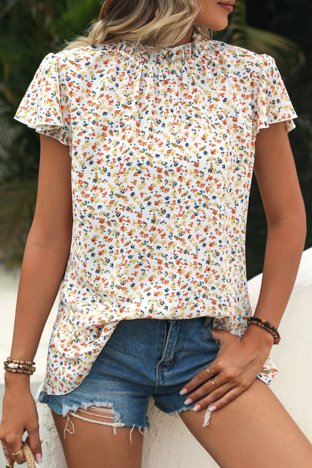 Ditsy Floral Mock Neck Short Sleeve T-Shirt nicholesgifts