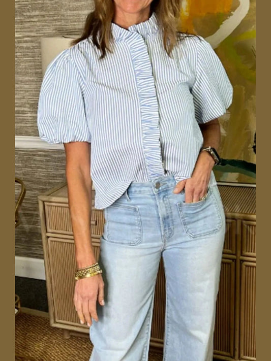 Striped Ruffle Short Bubble Sleeve Shirt nicholesgifts
