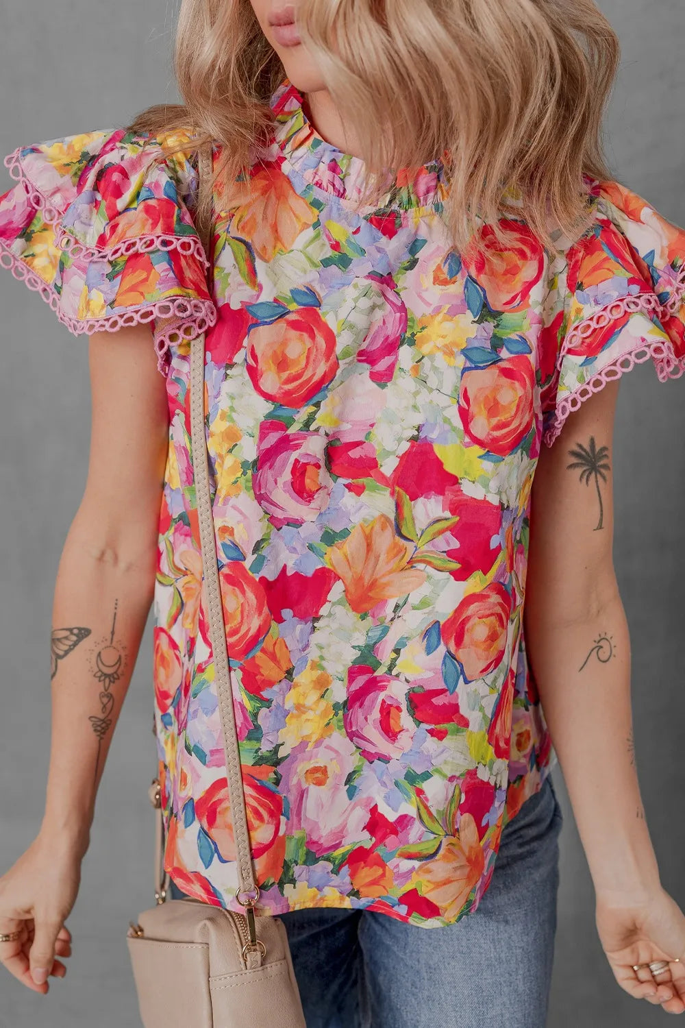 Lace Trim Ruffle Cap Sleeve Floral Blouse Trendsi