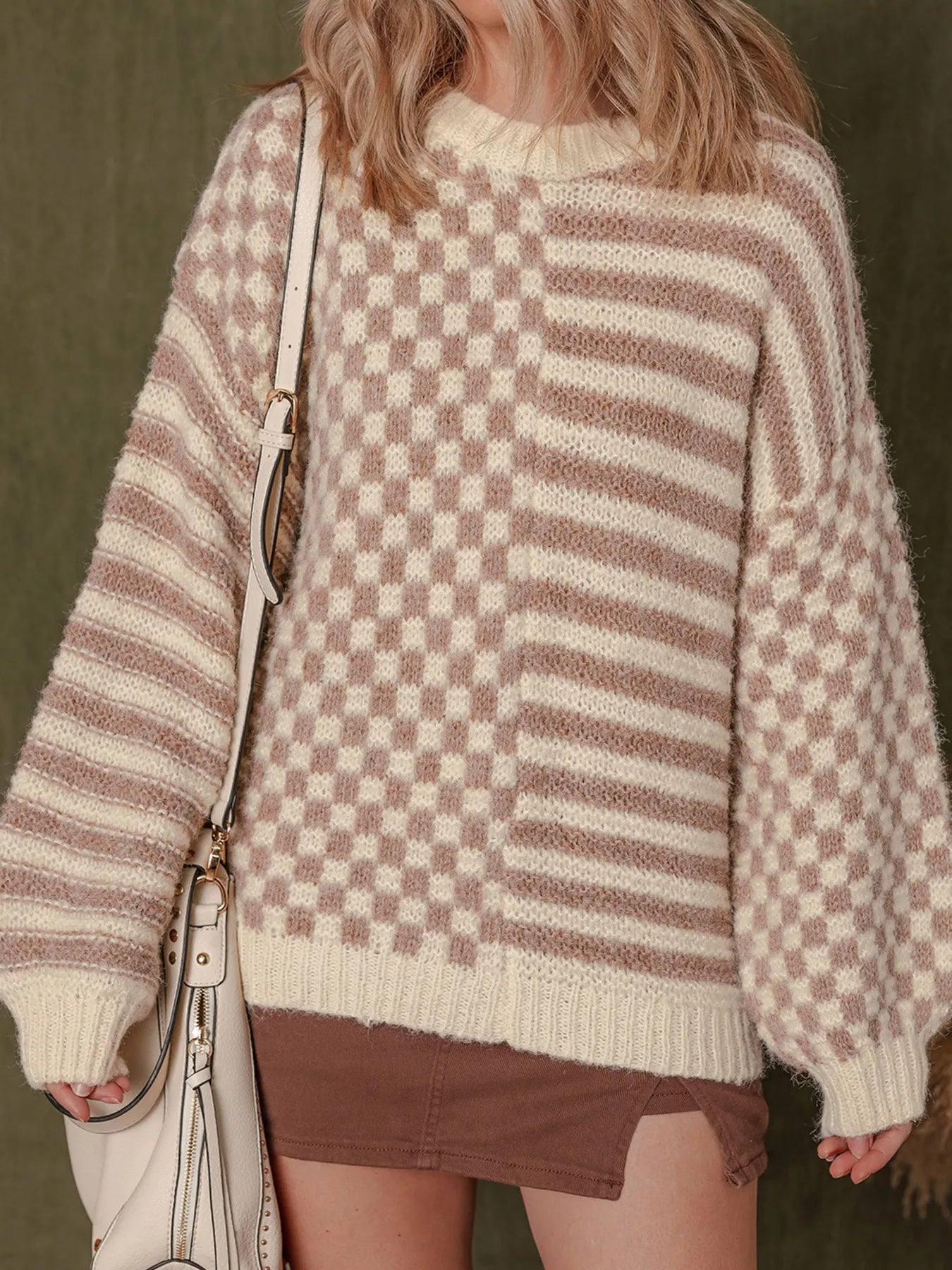Stripe Checkerboard Drop Shoulder Balloon Sleeve Sweater Trendsi