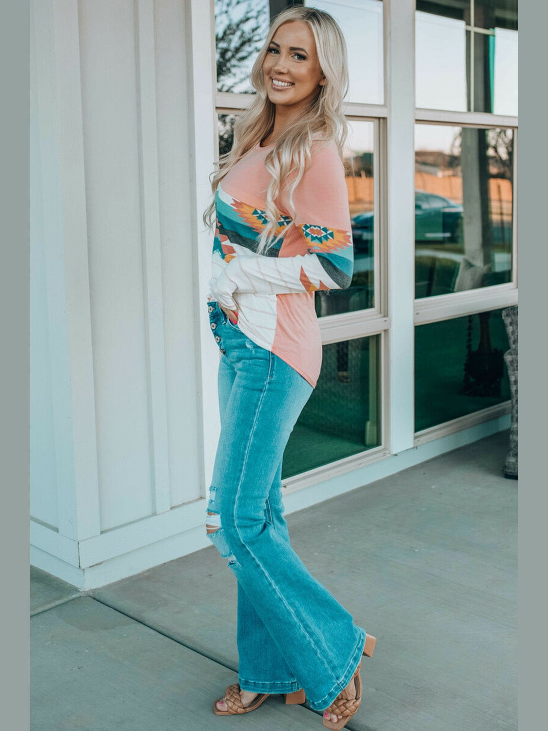 Geometric Round Neck Long Sleeve T-Shirt