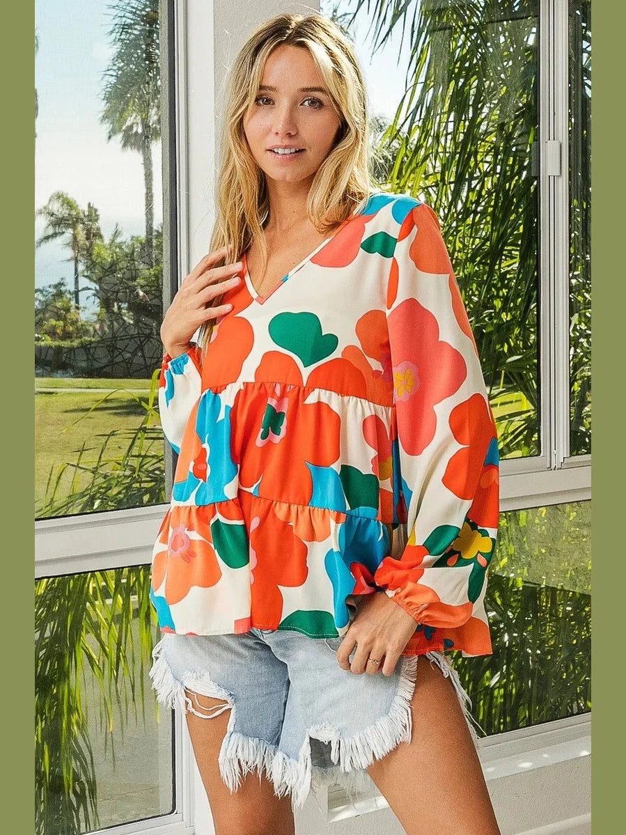 BiBi Floral Woven Tiered V Neck Top