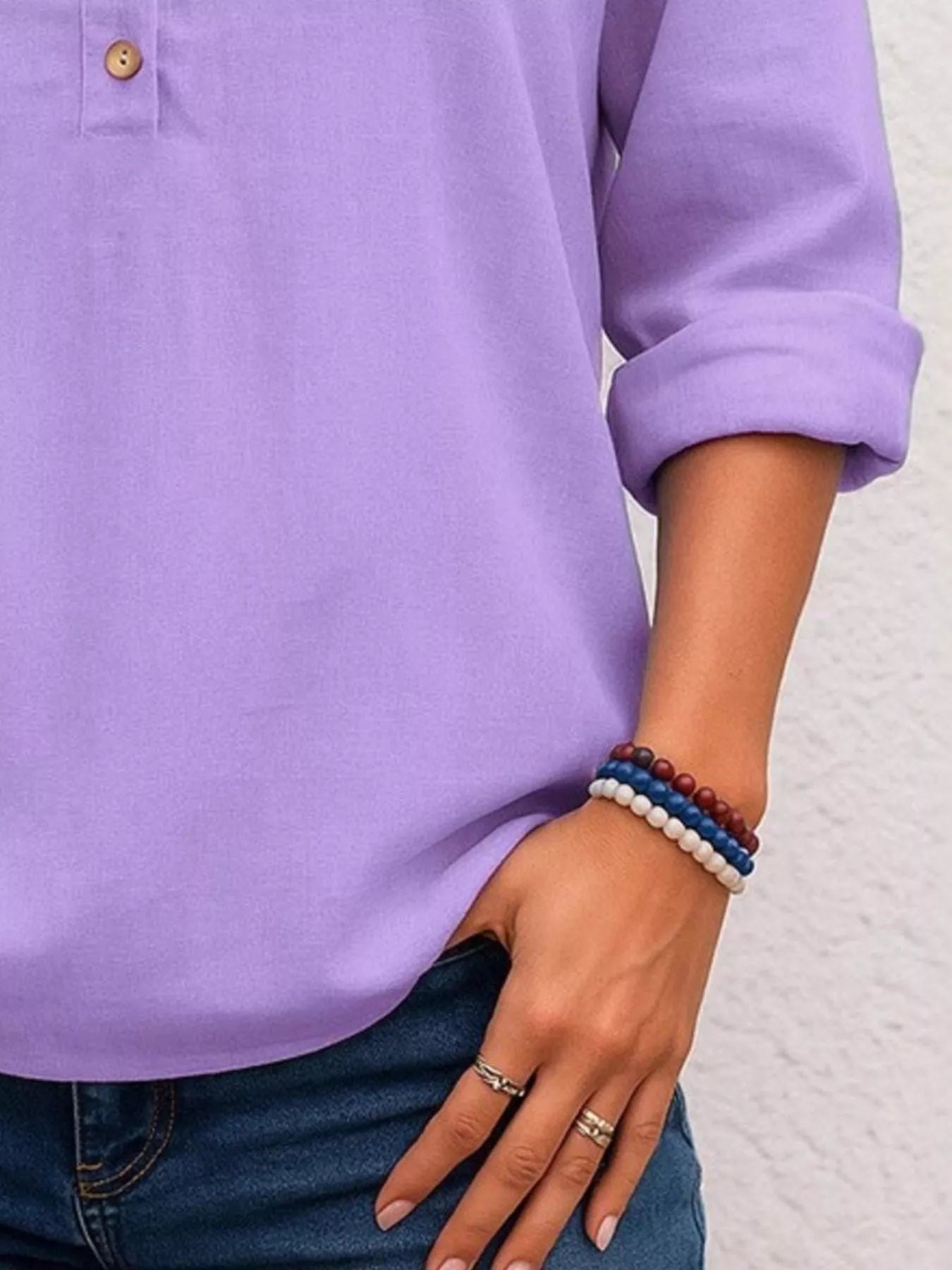 Full Size Button Detail Notched Long Sleeve Blouse Plus Size Trendsi