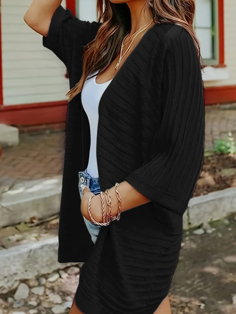 Striped Open Front Knit Cardigan nicholesgifts