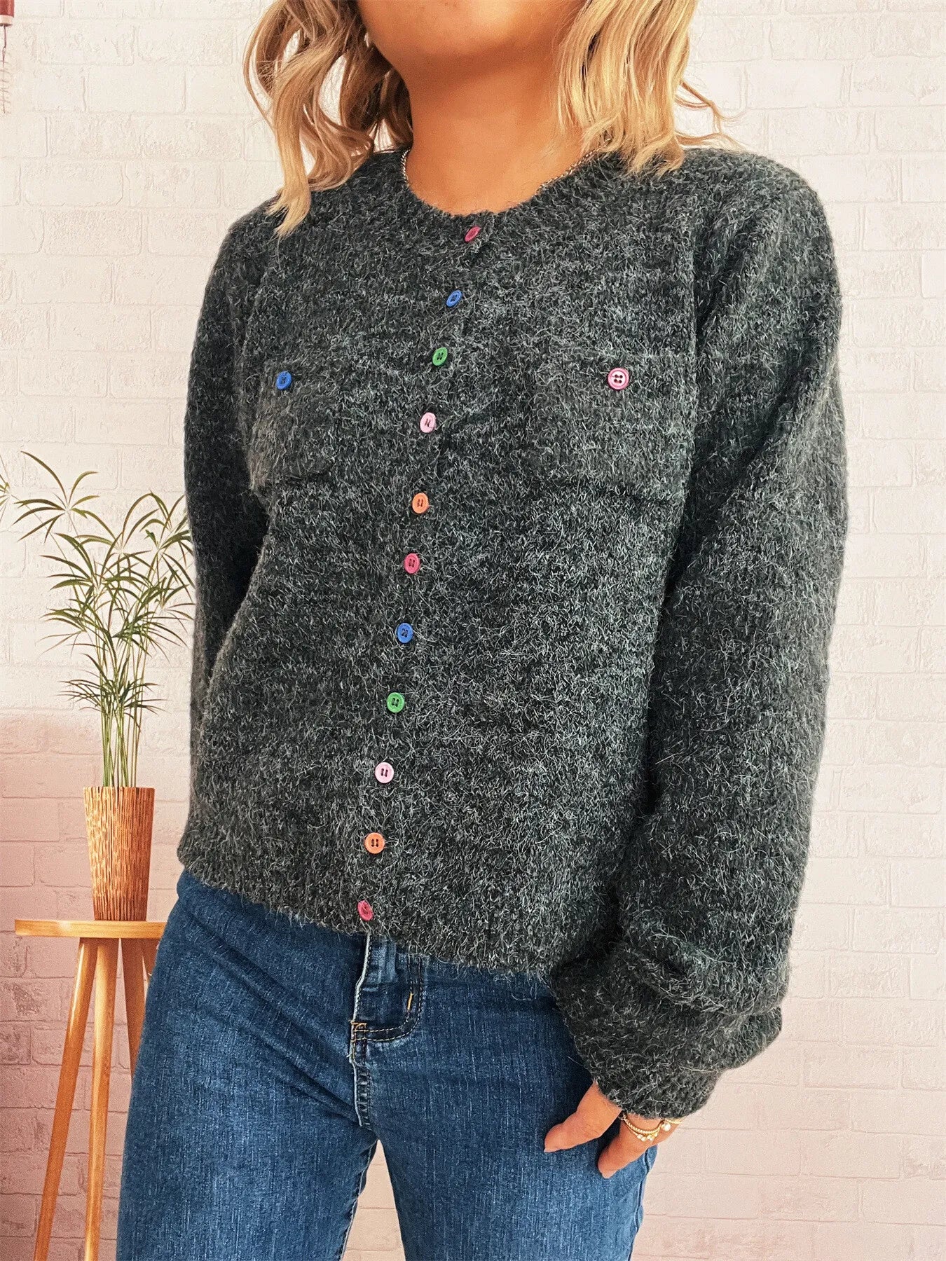 Button-Up Ribbed Hem Cardigan with Chest Pocket