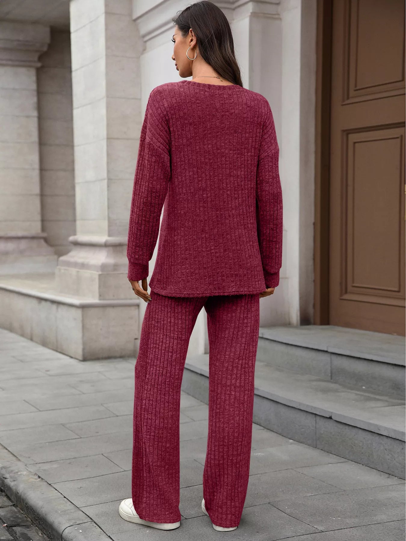 Ribbed Round Neck Top and Pants Set NicholesGifts
