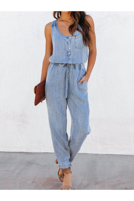 Drawstring Waist Sleeveless Jumpsuit