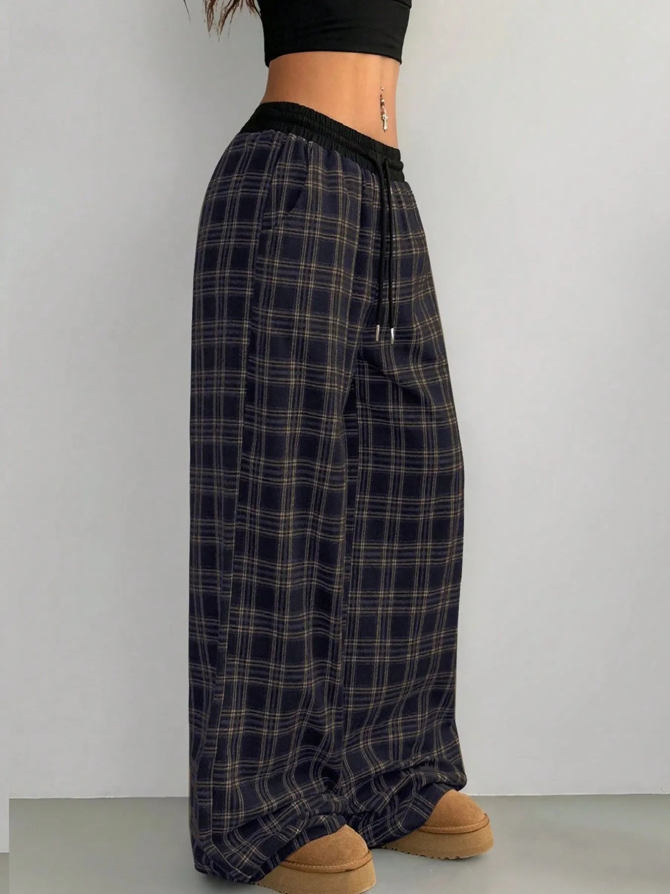 Plaid Wide Leg Pants with Drawstring Waist Trendsi