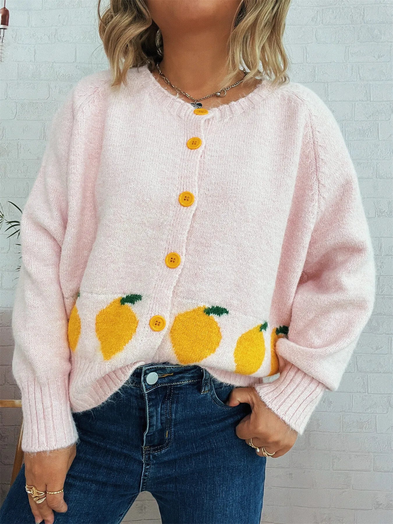 Lemon Pattern Button-Up Cardigan
