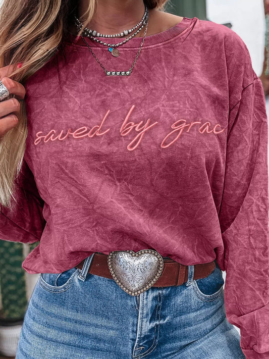 Saved By Grace Letter Embroidery Mineral Wash Loose Sweatshirt nicholesgifts